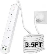 Surge Protector Power Board - 4 Widely Outlets with 4 USB Ports(2 USB C Outlets), 3000W Power Strip with 2.9M Extension Cord, 900J Surge Protection, Flat Plug, Wall Mount for Home Office (White)