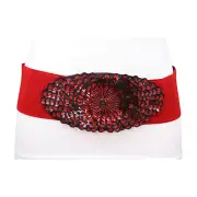 Women Red Wide Elastic Waistband Prom Hot Belt Black Sequins Peacock Feather S M