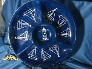 RARE! 13'' EDDIE BAUER home chip dip section PLATTER SERVING PLATE BLUE & WHITE