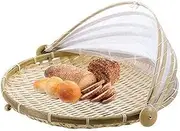 PENGQIMM Hand-Woven Bamboo Tent Basket With Mesh Gauze Cover - Insect Proof, Dustproof Round Picnic Basket for Vegetables, Fruits, Bread (40 cm)