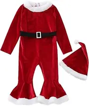 [Generic] 12 Old Girl Outfits Toddler Girls Christmas Long Sleeve Fleece Romper Bell Bottoms Flare Jumpsuit Hat Set Baby Rompers 6-9 Months Red