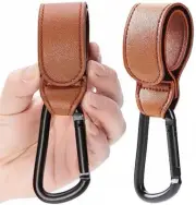 2 Pack Stroller Hooks Durable Leather Style Adjustable Carabiner Clips for Diape