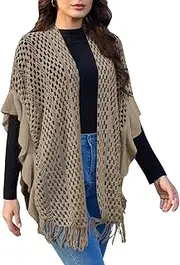 [Ferand] Women's Lightweight Ruffle Shawl Wraps Open Front Crochet Fringe Poncho Cardigan for Spring and Summer