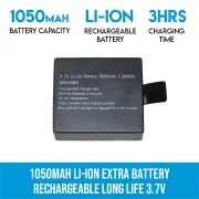 1050mAH Li-ion Extra Battery Rechargeable Long Life 3.7V Sports Action Camera 4K PG1050