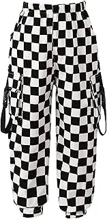 [RUNQHUI] Girls Plaid Print Cargo Pants Elastic Wiast Jogger Trousers Athletic Hip Hop Jazz Dance Bottoms Streetwear