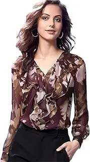 [Generic] Women Floral Printed Chiffon Blouse Long Sleeve V-Neck Ruffles Tops