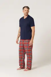 Mens Size S-5XL Contare Flannelette Navy Tee Red Tartan Pants PJS Pyjamas Set (CTR)