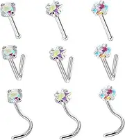 [clbxzwc] 316L surgical steel hypoallergenic nose ring nail cubic zirconia nose ring screw L-shaped nose puncture body jewelry straight nose nail (9 pcs) 3 styles 3 shapes