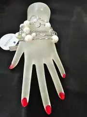 CHICO'S women bracelet silver tone five string of pearl and crystals 7 to 9 inch
