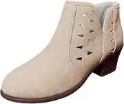 [JEUROT] Womens Ankle Boots Cut Out Stacked Block Low Heel Ankle Booties Pointed Toe Wide Calf Pull On Boot Dressy Casual Shoes