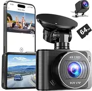 Dash Camera,Front and Rear Car Camera 4K+1080P Dual Dashcam with 2" Display-G-Sensor, 64GB SD Card Included, HD Night Vision 24H Parking Mode, App Control, GPS Tracker，Parking Mode