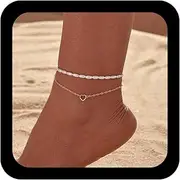 [Allereya] Boho Layered Pearl Anklet Hollow Heart Bracelet Gold Heart Anklet Bracelet Adjustable Pearl Anklet Jewellery for Women, Zinc
