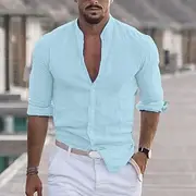 Men's Shirt Band Collar Shirt Summer Shirt Beach Wear Button Up Shirt Casual Shirt Black White Pink Army Green Long Sleeve Solid Color Collar Party Hawaiian Cl