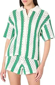 [The Drop] Women’s Tatum Crochet Splitneck Polo Top, Emerald Stripe, M