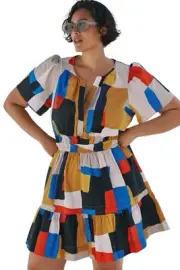 Anthropologie The Somerset Tiered Mini Dress Novelty Color Block Size Large NWT