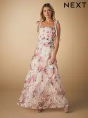 Blush Pink Floral Occasion Mesh 3D Ruffle Tie Strap Maxi Dress (AK8789) | $124