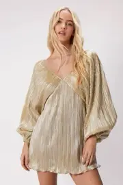 Nasty Gal Metallic Pleated Balloon Sleeve Mini Dress Gold NWT Size 12