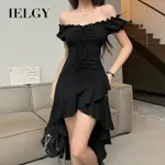 IELGY 黑色露肩短袖洋裝女荷葉邊獨特設計時尚