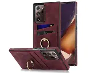 Full Protection Cover for Samsung Galaxy Note 20 Ultra, 2 Cards PU Leather Case with Ring Holder - Dark Red