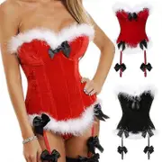 Sexy Velvet Christmas Corsets Women Miss Santa Bustier Corselet Bowknots Zipper Side Overbust Corset Black L