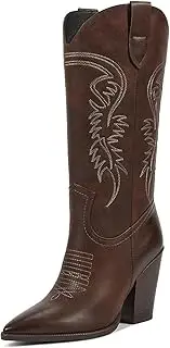 [ISNOM] Cowgirl Boots for Women, Embroidered Pointed Toe Chunky Heel Western Boots