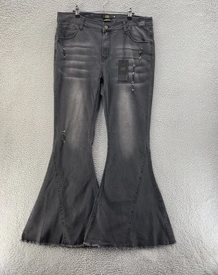 Lucky & Blessed Bell Bottom Jeans Women 16 Black Faded Raw Hem Flare Mid Rise