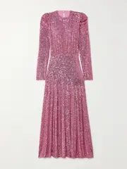 [RIXO] RIXO - Cerise Gathered Sequined Stretch-tulle Midi Dress - Pink - UK 14 UK 14 Pink