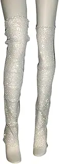 [GRABAGECAN] Women Fishnet Mesh Thigh Highs Leg Waremr Rhinestones Sheer Over Knee Leg Festival Long Socks, White Knee Socks, One Size