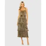 Mac Duggal NWT Ruffle Tiered Buckle Detail Dress in Antique Gold Size 4
