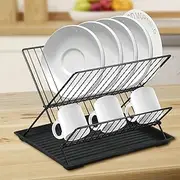 Dish Drying Rack with Drip Tray Foldable Dish Drainer Rack 2 Layer Dish Drainer Drying Rack Carbon Steel Dish Rack Drainer Kitchen Dish Rack for Dish Plate Countertop Cabinet