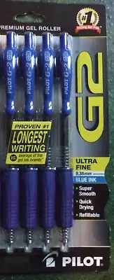 4 PK Pilot G-2 G2 Retractable Gel ROLLER Pens extra Fine Point 0.38mm BLUE INK