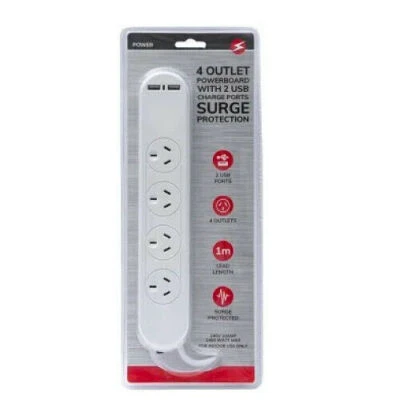 POWER 4 Way Outlet Switched Surge Protected 2400W Power Board w/1m Cable/2 USB P