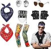 11Pcs Punk Gothic Rocker Costume Accessories, Heavy Metal Rocker Wig Set with PU Gloves Sunglasses Vintage Red Bandana Bracelet Rings Temporary Tattoo Sleeves 70s 80s Fancy Dress for Men Women