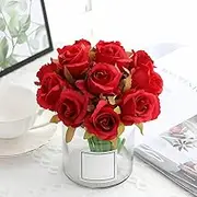 Jasion Artificial Flowers 12pcs Silk Realistic Roses DIY Bouquet for Home Parties Table Centerpieces Bridal Wedding Decoration Without Vase (Spring Red)