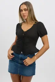 Black Tie Up Top Short Sleeve Eyelet - Size 6XXS, Women's Jacket