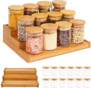 12 Glass Spice Jars with Step Shelf, Airtight Bamboo Lid, 3 Tier Organizer - Spice Labels Included