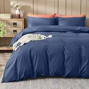 LINENOVA 100% Cotton Quilt Cover Set Queen – 3 Pieces Vintage Washed Duvet Cover with Pillowcases, Ultra Soft & Breathable, All Season Bedding - Navy