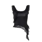 Scoop Neck Plain Ruffle Trim Asymmetrical Crop Tank Top Black - L