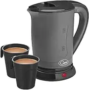 Black Travel Kettle with 2 Cups | Portable & Lightweight | Dual Voltage for Worldwide Use | Safety Protection | Use in Carvans, Camp Sites and on Holiday