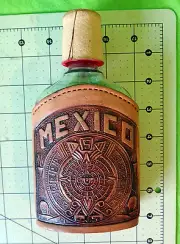 MEXICO mayan calendar AZTEC hand tool leather FLASK GLASS embossed tequila