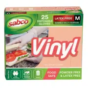 25pc Sabco White 23cm Multi-Purpose Disposable Gloves Vinyl Latex-Free Medium