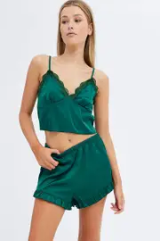 Green Satin PJ Lace Trim Cami and Ruffle Shorts Set - Size L, Women's Pj Set
