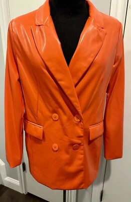 House of Harlow ORANGE Vegan Leather Double Breasted Lined Jacket Med NWT $279