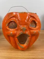 Antique Paper Mache Halloween Jack-O-lantern Pumpkin 4.75” Choir Boy Basket