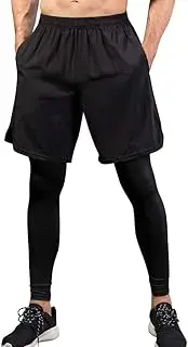 [Yuerlian] Mens 2 in 1 Pants Quick Dry Sports Clothes Sets, Running Training Shorts + Leggings