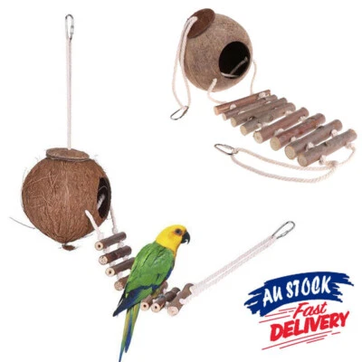 Natural Coconut Shell Bird Nest House Hut Cage Feeder Pet Parrot Hamster Toy New