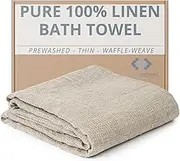Pure 100% Linen Bath Towel - Stone-Washed 30 x 60 inch Soft Lightweight Travel Towel - Waffle Weave Quick Dry Hair Towel - Natural Flax Thin Towels for Bathroom Gym or Sauna - Sustainable Bath Sheet