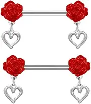 [Niaspi] 14G Rose Heart Dangle Nipple Rings for Women Stainless Steel Red Flower Nipplerings Nipple Barbell Dangling Nipple Shield Studs Nipple Piercing Jewelry, Stainless Steel, no gemstone