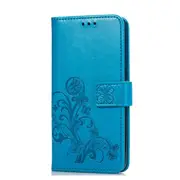 Lucky Clover Pressed Flowers Pattern Leather Case for Galaxy S10+, with Holder & Card Slots & Wallet & Hand Strap(Blue)