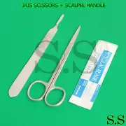 IRIS MICRO SCISSORS STRAIGHT 4.5" + SCALPEL HANDLE #3 + 5 SURGICAL BLADES #15